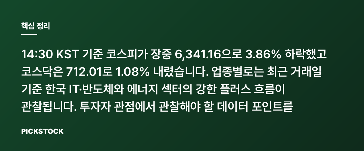 코스피 장중 6,341.16, 오후 2시30분 기준 -3.86% 핵심 정리